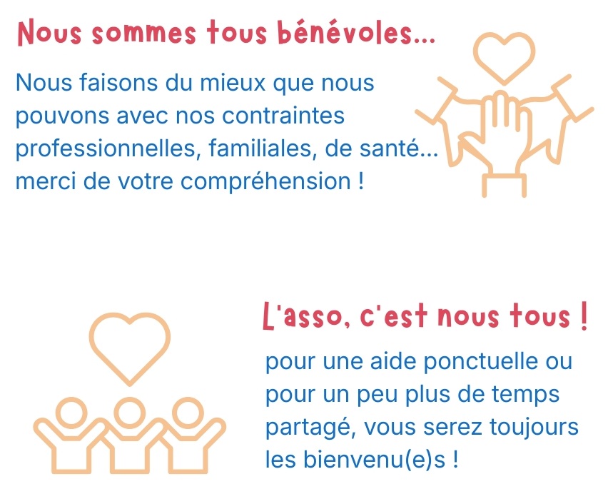 Nous sommes tous bénévoles, merci de votre compréhension. L'asso c'est vous ! rejoignez-nous pour une aide ponctuelle ou plus, vous serez bienvenus !